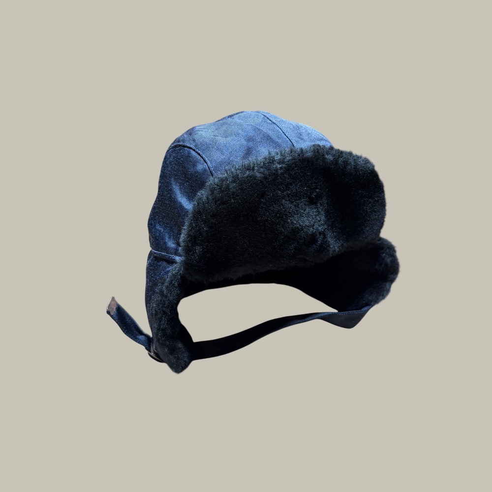 Vintage Trapper Hat Navy Blue Faux Fur Lined Ear Flaps Made in USA Union Tag M